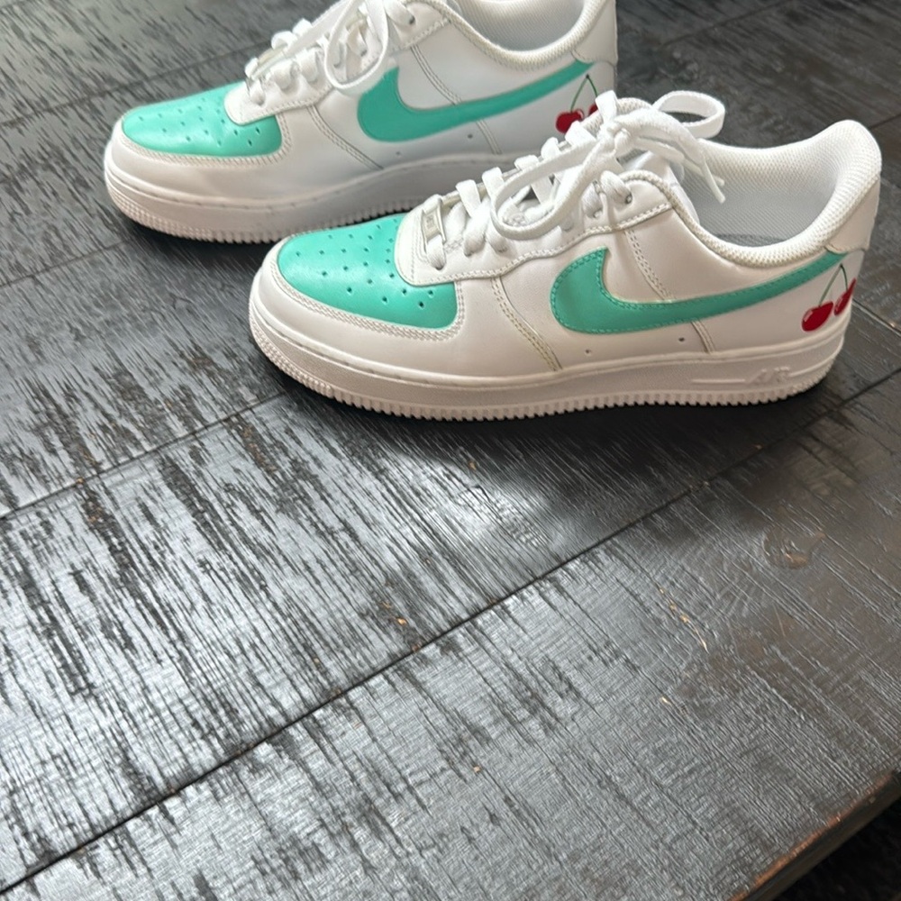 Custom Nike Air Force 1 White and Aqua Sneakers with Cherry Accent
Bin 6